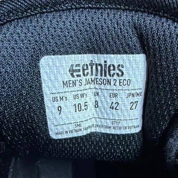 Etnies Jameson 2 Eco Black Skate Shoes Mens 9 Minimal Streetwear - Picture 5 of 6